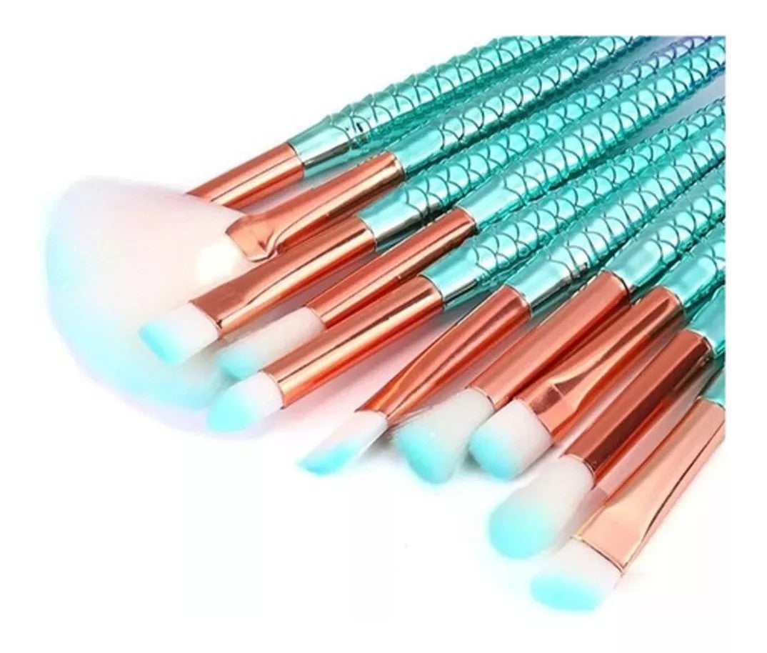 Kit com 10 Pincéis de Maquiagem Estilo Sereia