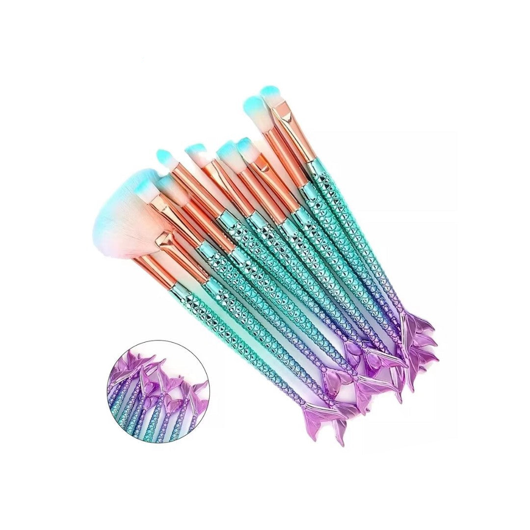 Kit com 10 Pincéis de Maquiagem Estilo Sereia