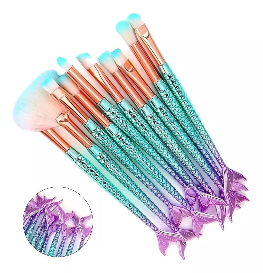 Kit com 10 Pincéis de Maquiagem Estilo Sereia
