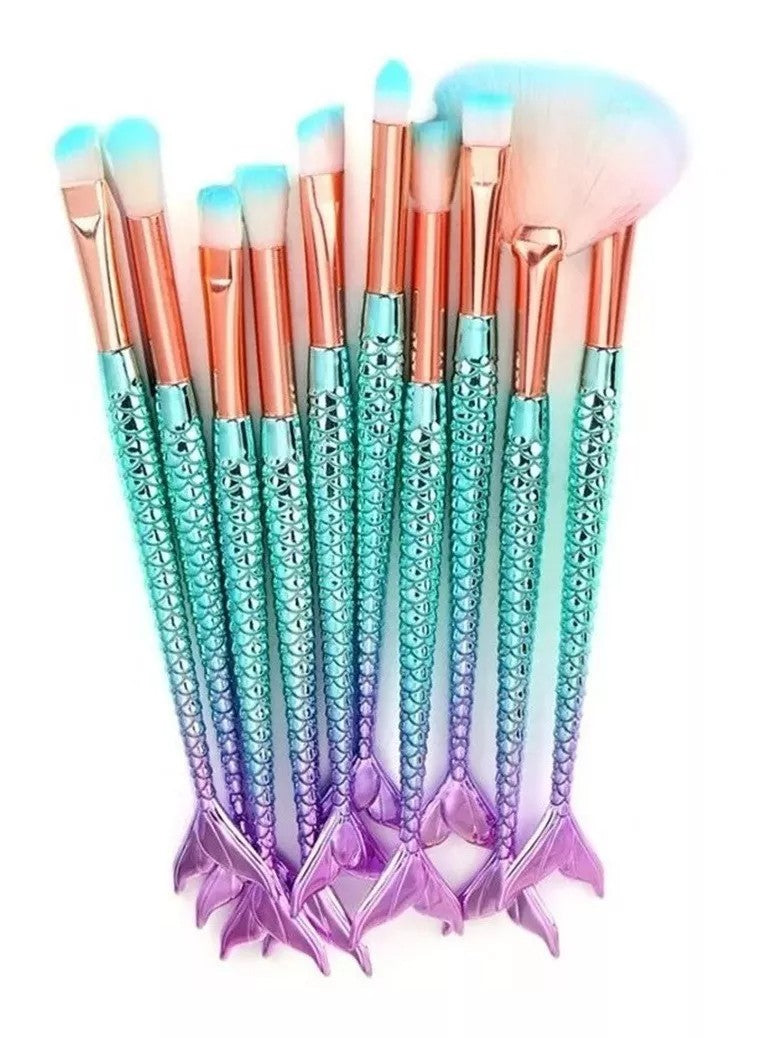Kit com 10 Pincéis de Maquiagem Estilo Sereia